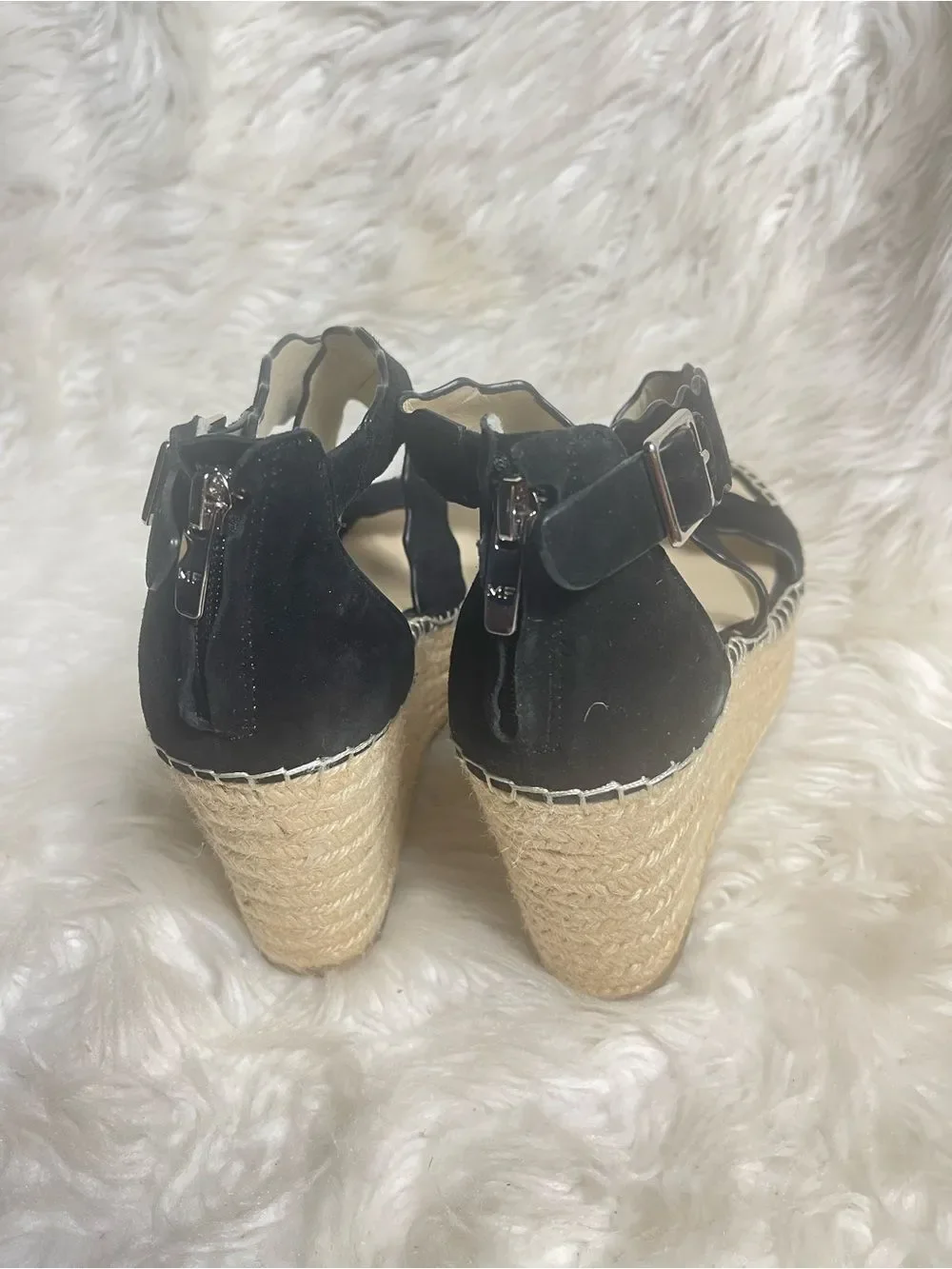 Marc Fisher leather suede Black Scalloped Strap Wedge platform Espadrilles SZ7.5